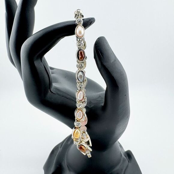 Vintage Pearl & Rhinestone Tennis Bracelet Timeless Glamour Retro Neutral - Picture 6 of 9